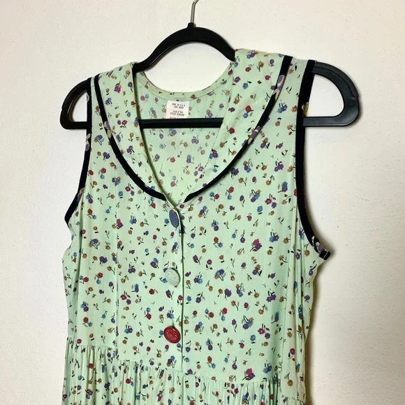 Vintage 1980s light green floral sleeveless collared dress size L - Picture 8 of 15